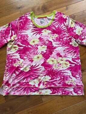 Alain Weiz Vintage Tropical Floral Top Plus Size 24 Pink Lime Short Sleeve NWOT